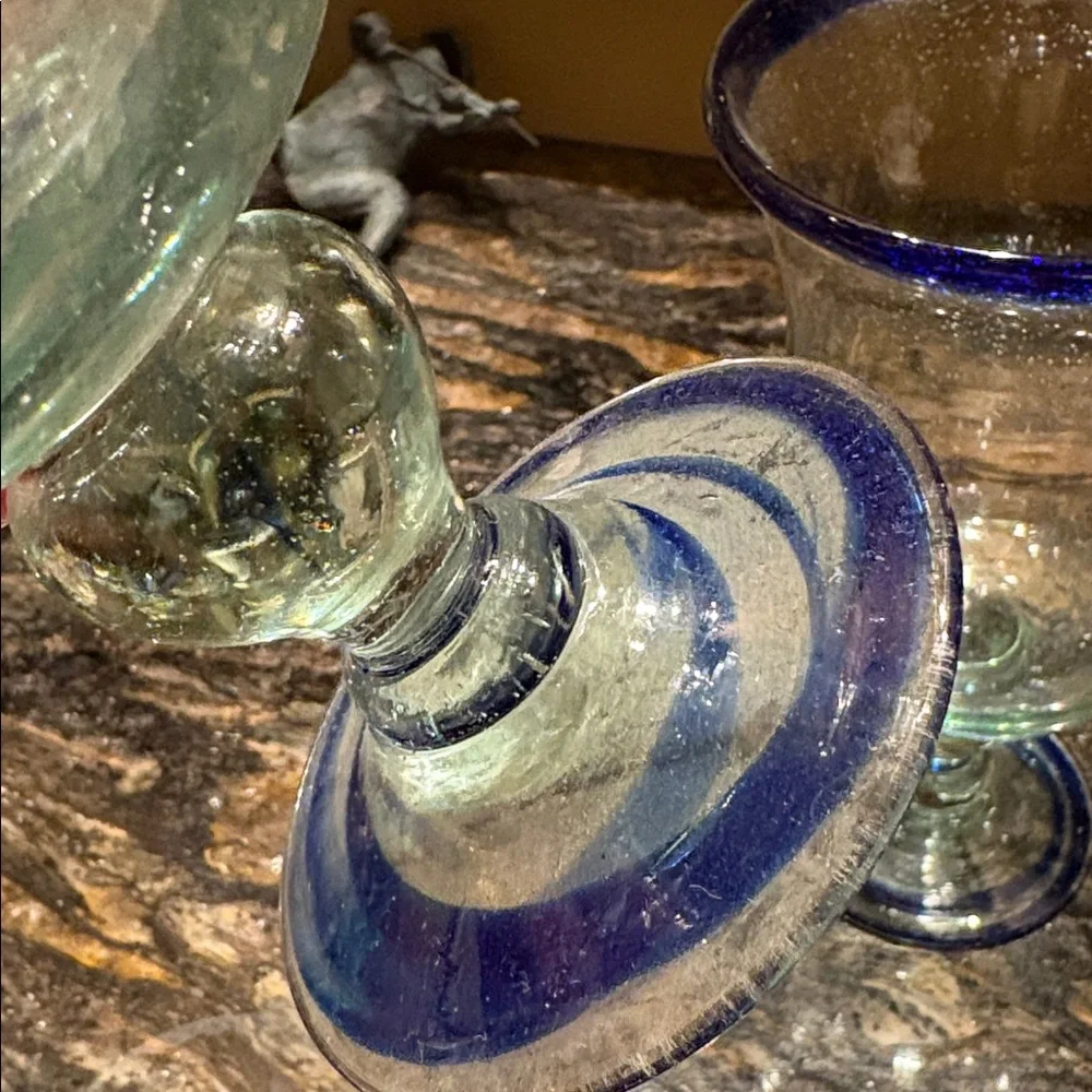 Mexican Hand Blown Cobalt Blue Thick Glass Cocktail Goblets Drink Margarita Set
